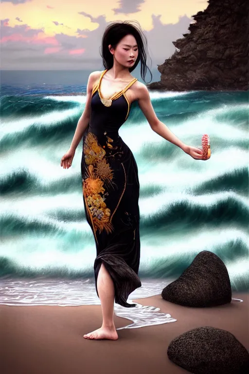 Image similar to ! dream photorealistic long shot of a dark mystical goddess wearing a qipao dress, big sun rough sea and jagged rocks, nets, plastic bottles, garbage, sand and sea, golden hour, ao dai, environmental, fantasy, atmospheric, hyper realistic, artstation, art by artgerm, andres rodriguez and john william waterhouse