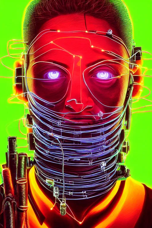 Image similar to stunning highly detailed portrait of a neuromancer hacker with cyber headgear surrounded by wires, neon colors, oil on canvas, strong lighting, by Glenn Fabry, HD, 4K