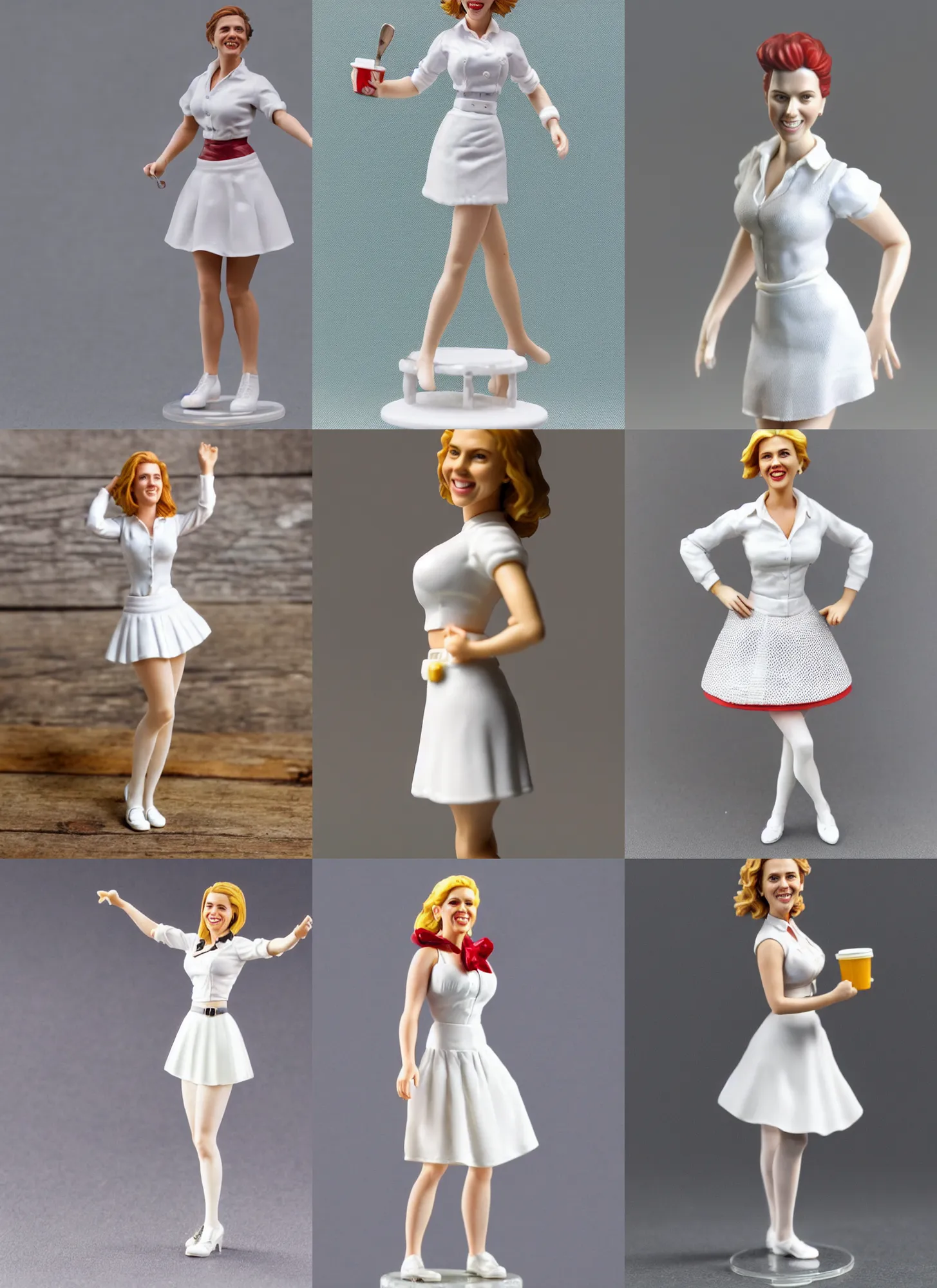 Prompt: 80mm resin detailed miniature of a Scarlett Johansson as Waitress, white blouse, mini-skirt, white apron, White tights, smile, on textured base; Miniature product Photos, 4K, Full body;