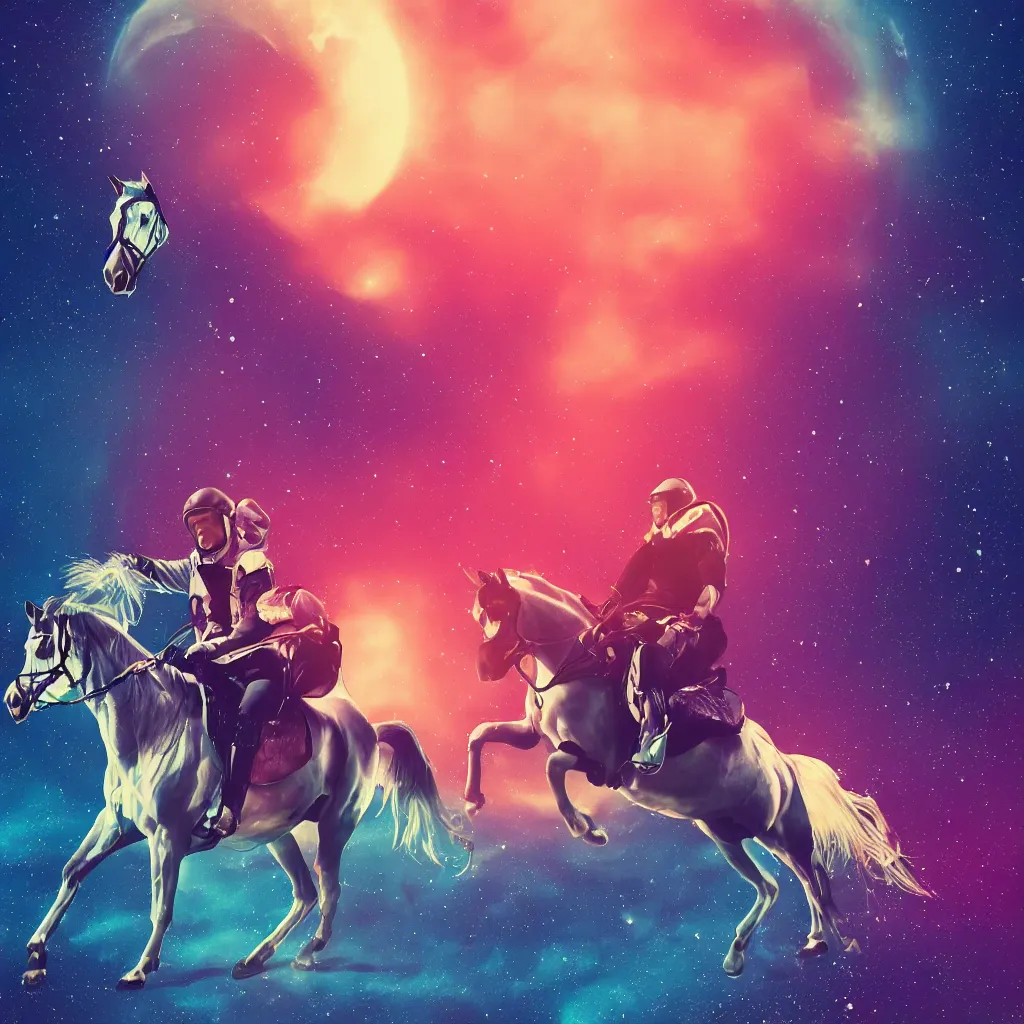 Image similar to a horse riding on an astronaut. synthwave digital art