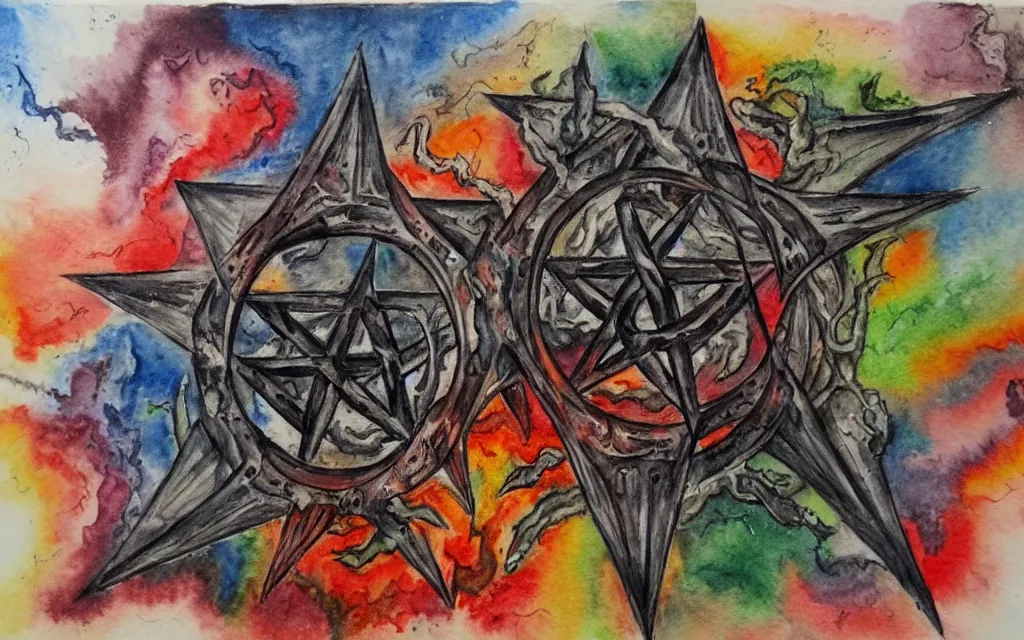 Prompt: a rough water color of the 7 layers of hell, doomsday, satan, pentagram, detailed, busy, hectic