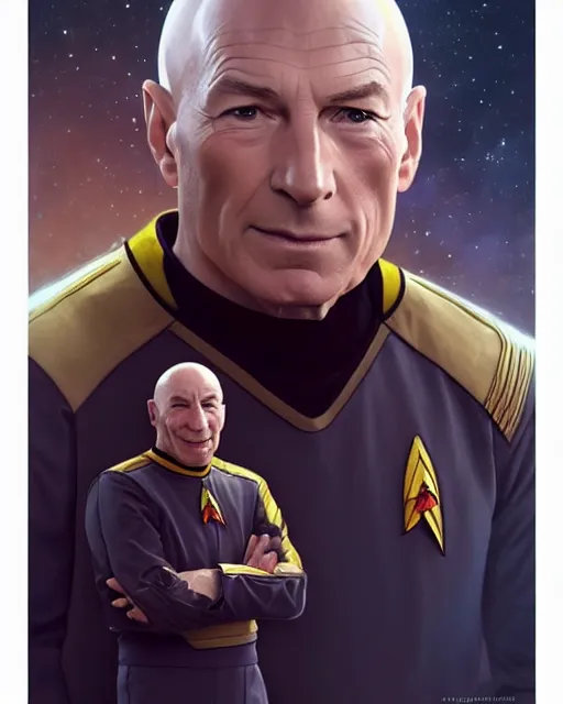 Image similar to Portrait of Jean Luc Picard & Kirk wearing spacesuits, real life skin, intricate, elegant, highly detailed, artstation, concept art, smooth, sharp focus, art by artgerm and greg rutkowski and alphonse mucha