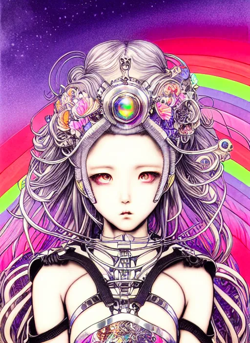 Prompt: highly detailed terada katsuya ayami kojima atrstation manga poster of princess mechine, rainbow gradient reflection, cute face by artgerm, long hair, armor, dress, laces, ruffles, 8 k, maximalist, jump comics