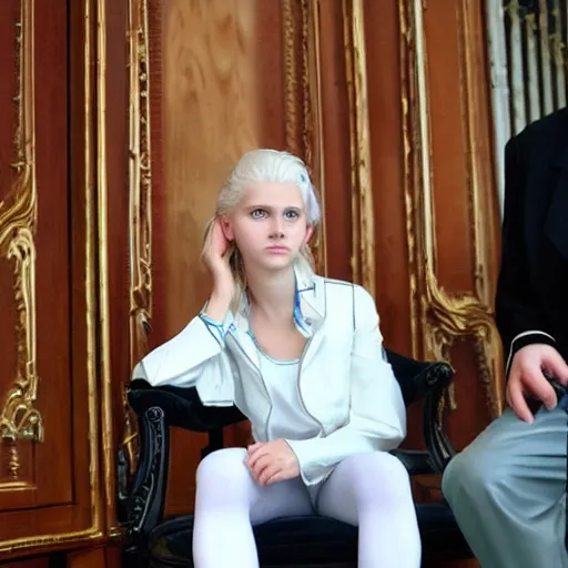 Image similar to aristocratic platinum - blonde - haired hime - cut blue - eyed 1 9 - year - old french princess wearing white leggings and black jacket, sitting in a communist office chatting with a bolshevik officer, colorized hd photograph