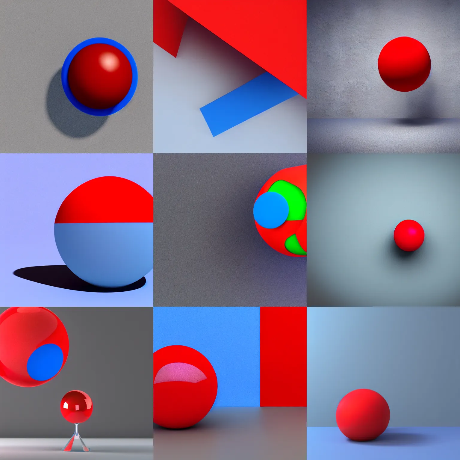 Prompt: a 3d render of a red color block on a blue sphere on a red prism everything on a blue table