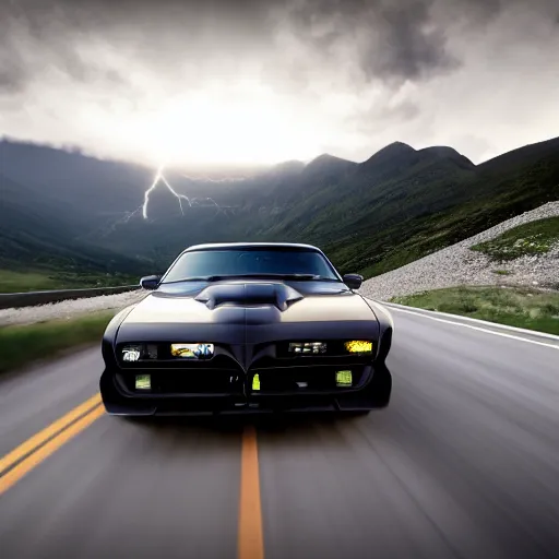 Prompt: black pontiac firebird trans - am driving towards the camera, mountain, valley, breathtaking mountains, lake, dynamic, sunrise, cinematic, motionblur, sunbeams, volumetric lighting, wide shot, low angle, mind flayer, lightning, mind flayer, lightning