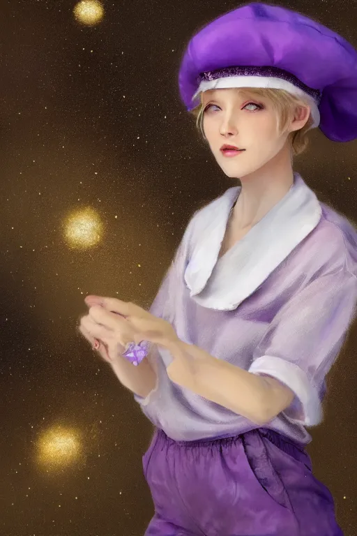 Image similar to Full View girl with short blond hair wearing an oversized purple Beret, Baggy Purple overall shorts, Short Puffy pants made of silk, silk shoes, a big billowy scarf, Golden Ribbon, and white leggings Covered in stars. Short Hair. peasant magic. masterpiece 4k digital illustration by Ruan Jia and Mandy Jurgens and Artgerm and william-adolphe bouguereau, award winning, Artstation, art nouveau aesthetic, Alphonse Mucha background, intricate details, realistic, panoramic view, Hyperdetailed, 8k resolution, intricate art nouveau