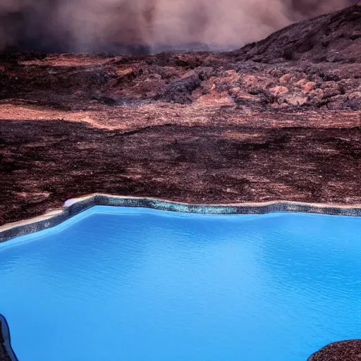 Prompt: A photo of a blue beautiful pool in the middle of infierno,hell, fire, lava in 85mm lense, artistic, highly realistic, super detailed, very very detailed, very ahestetic