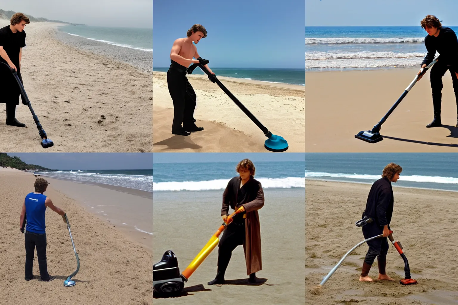 Image similar to Anakin Skywalker vacuuming the beach to remove sand