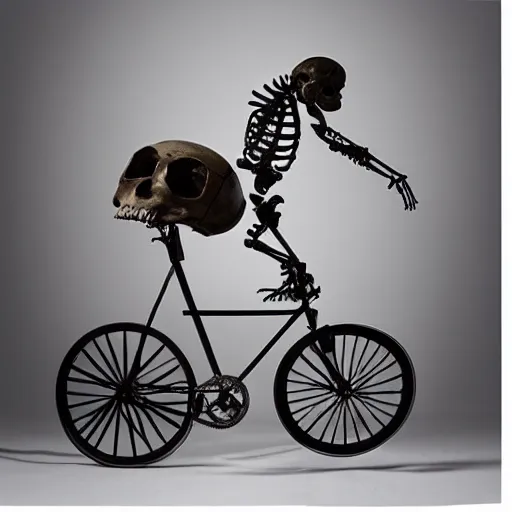 Prompt: “skeleton with a huge head riding a bicycle, studio lighting”