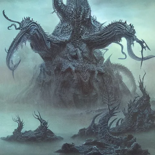 Prompt: concept art of a hydra, dragon with many heads, a painting by beksinski, by ruan jia, by austin osman spare, symbolist painting, mist, volumetric render, digital painting, detailed painting, occult