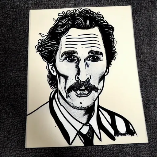 Image similar to a portrait drawing of Mathew McConaughey drawn by Robert Crumb