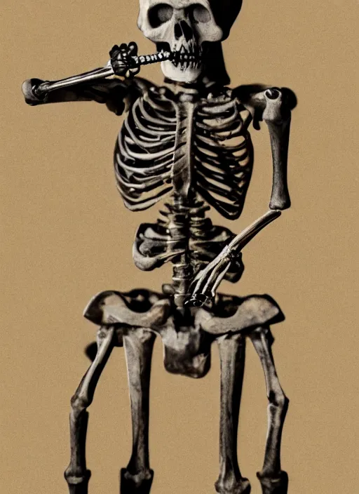 Image similar to photo of a real skeleton holding revolvers and smoking a cigarette, 8 k, hd, highly detailed