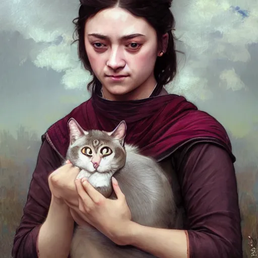 Image similar to Portrait of arya stark as javanese princess kissing a cat, elegant, digital painting, highly detailed, fantasy, artstation, concept art, smooth, sharp focus, illustration, art by William-Adolphe Bouguereau and artgerm and greg rutkowski and alphonse mucha