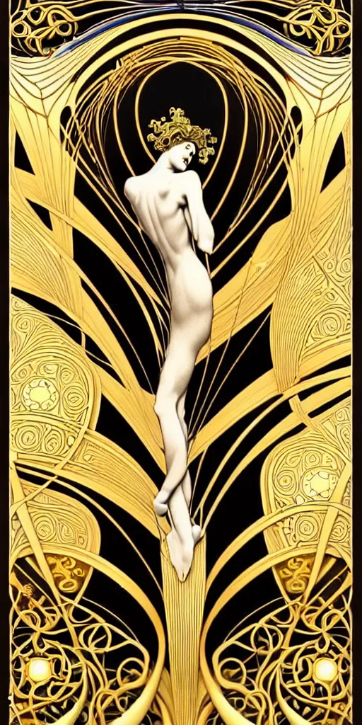 Image similar to the source of future growth dramatic, elaborate emotive Art Nouveau styles to emphasise beauty as a transcendental, seamless pattern, symmetrical, large motifs, hyper realistic, 8k image, 3D, supersharp, Art nouveau curves spirals and swirls, goldplated surfaces, Flying silk fabric, iridescent and black and gold colors , perfect symmetry, iridescent, High Definition, sci-fi, Octane render in Maya and Houdini, light, shadows, reflections, photorealistic, masterpiece, smooth gradients, no blur, sharp focus, photorealistic, insanely detailed and intricate, cinematic lighting, Octane render, epic scene, 8K