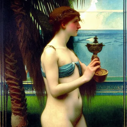 Image similar to Girl with a blood dripping chalice at the palace, thunderstorm, pool, beach and palm trees on the background major arcana sky, by paul delaroche, alphonse mucha and arnold böcklin arnold böcklin hyperrealistic 8k, very detailed