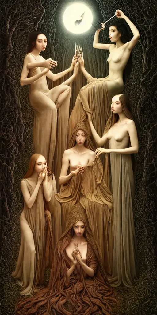 Image similar to the three fates cutting threads with scissors, forest, moonlight, gemma chen, madison beer, angela sarafyan, pinup, intricate beautiful faces, surrealistic painting by agostino arrivabene, artgerm, vanessa beecroft, anka zhuravleva, mary jane ansell, peter mohbacher, gerald brom