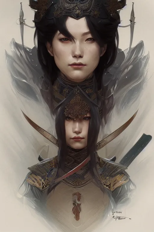 Image similar to Portrait of a female knight, japanese face features, dark fantasy, intricate, elegant, highly detailed, digital painting, artstation, concept art, smooth, sharp focus, illustration, art by Sam Youn and Fernanda Suarez and Artem Demura and alphonse mucha