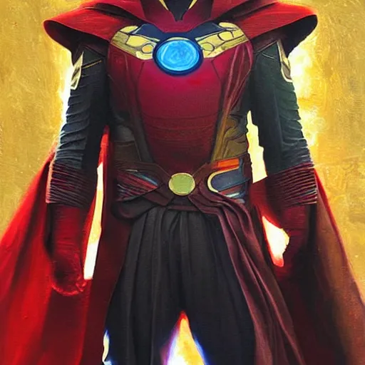 Image similar to dr strange in iron man armor, very detailed oil painting, fantasy magic science art