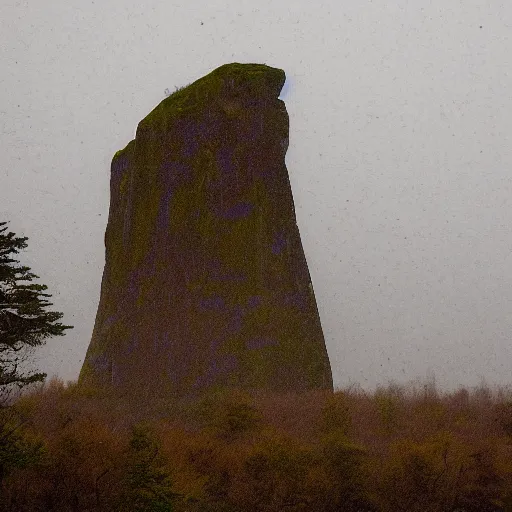 Image similar to a taiga with a large monolith hovering above it. overcast sky, snowing.