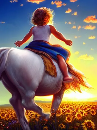 Prompt: a small happy greek todler, riding a white horse in a sunflower field, a giant sun in the background. intricate, elegant, highly detailed, digital painting, artstation, concept art, sharp focus, illustration, by justin gerard and artgerm, 8 k