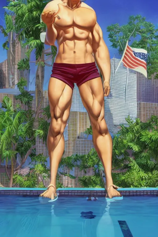 Prompt: a handsome man with blonde hair who is also a male android, ken, donald trump, muscular, wearing a cut-off white tank top and short american flag shorts, stands by a swimming pool, facing forward, in the style of artgerm and moebius and annie liebovitz, photorealistic, highly detailed