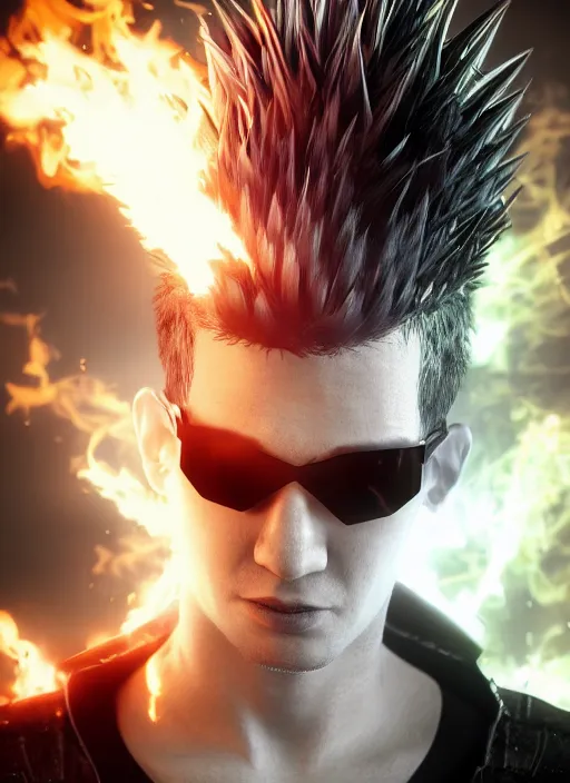 Image similar to An epic fantasy comic book style portrait painting of young man with long red spiked hair. Wearing a black waistcoat, white shirt, using googles. Rockstar. Blasting fire on his hands. Unreal 5, DAZ, hyperrealistic, octane render, cosplay, RPG portrait, dynamic lighting