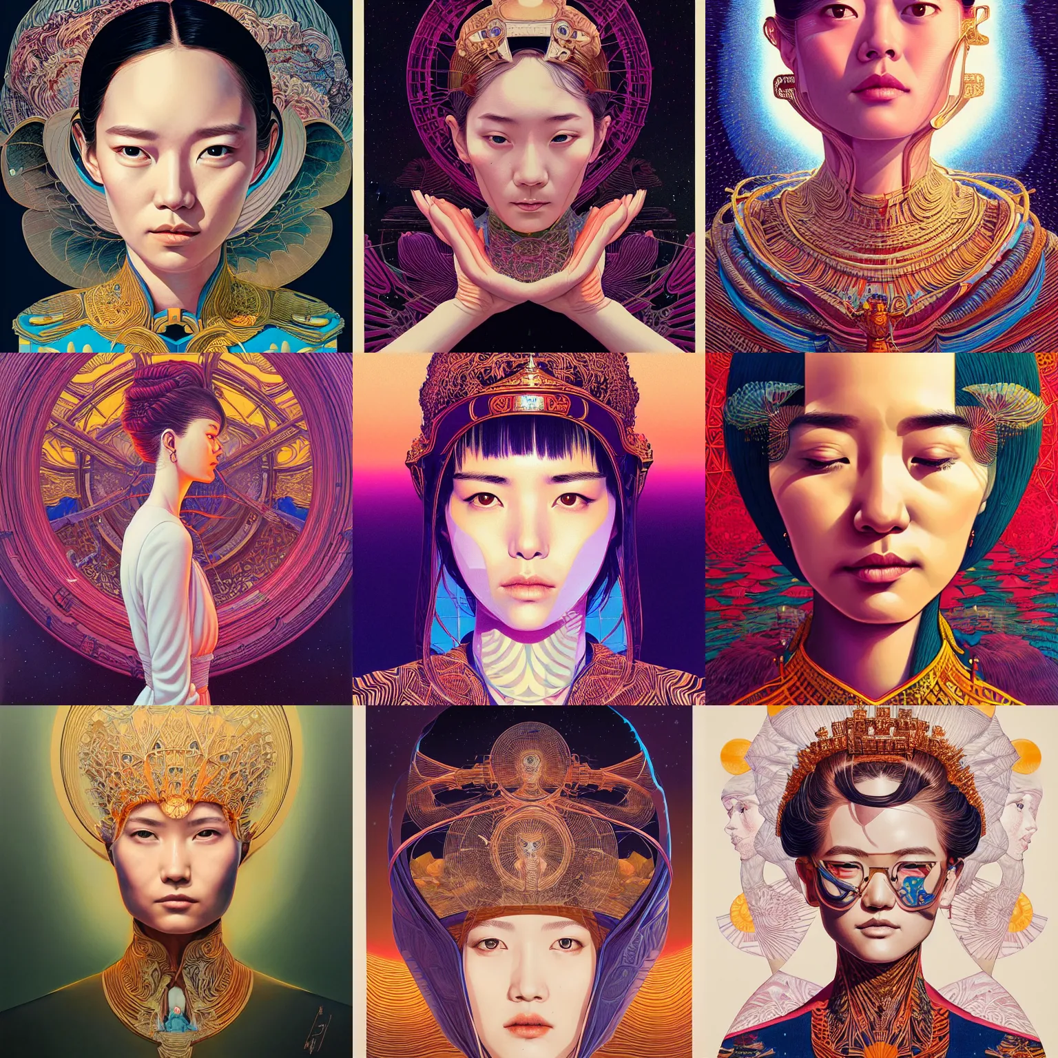 Prompt: portrait of a young empress, illustration by moebius, junji ito, tristan eaton, victo ngai, artgerm, rhads, ross draws, hyperrealism, intricate detailed