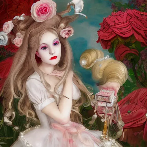 Image similar to Alice in Wonderland at the tea party, she looks like a mix of grimes, Aurora Aksnes and Lana Del rey, childlike, billowing elaborate hair and dress, strings of pearls, surrounded by red and white roses, digital illustration, inspired by a stylistic blend of Aeon Flux, Japanese shoujo manga, and John singer Sargent paintings, hyper detailed, dreamlike, otherworldly and ethereal, delicate, flower petals, super photorealistic, iridescent, prismatic light, extremely fine inking lines