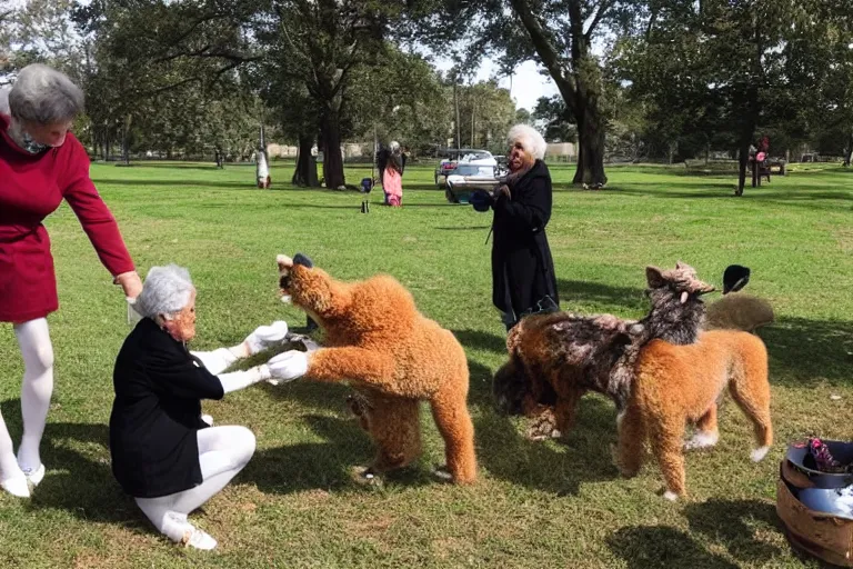 Prompt: old lady feeds furries in the park