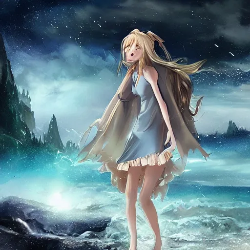 Image similar to a very beautiful anime cute girl, full body, long wavy blond hair, sky blue eyes, full round face, short smile, fancy top, miniskirt, front view, summer lake setting, storm weather, cinematic lightning, medium shot, mid-shot, highly detailed, cinematic wallpaper by Stanley Artgerm Lau