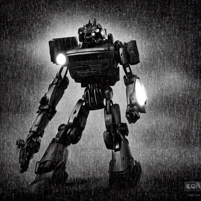 Image similar to a jvc radio as an autobot transformer in a film noir. moody, medium close shot. overcast, rainy.