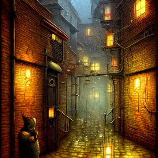 Prompt: strange alleyway, rainy night by Andrew Ferez, Shaun Tan