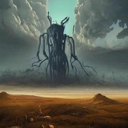 Image similar to a digital painting of a gigantic big enormous humanoid monster standing in the sky, concept art by simon stalenhag and peter mohrbacher cgsociety, vanitas, ominous, lovecraftian, speedpainting, apocalypse art. mist. hyper - realistic. photo realistic. octane render. detailed masterpiece. extreme wide shot.