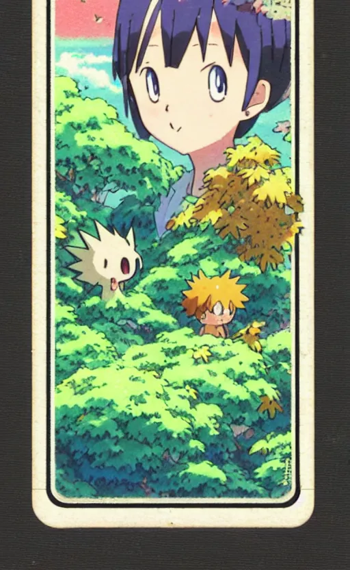 Prompt: a pocket monster go card from 1 9 5 0, illustration, clear sky background, lush landscape, concept art, anime key visual, trending pixiv fanbox, by wlop and greg rutkowski and makoto shinkai and studio ghibli and kyoto animation and ken sugimori, symmetrical facial features, short hair, hair down, beetle breeder, box art