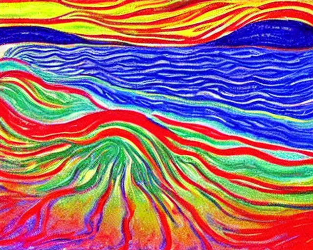 Prompt: Ocean waves in a psychedelic dream world. DMT. Landscape painting by Edvard Munch. David Hockney.