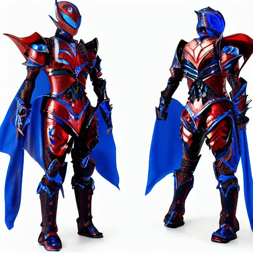 Prompt: High Fantasy Kamen Rider, blue armor with red secondary color, 4k, glowing eyes, daytime, rubber undersuit with chainmail texture, dragon inspired armor