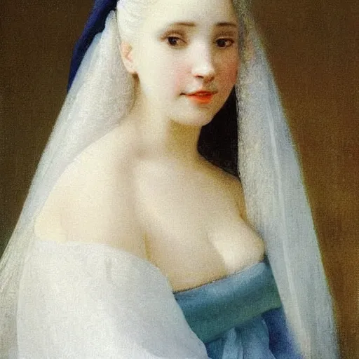 Image similar to a young woman’s face, her hair is white, she wears a long flowing blue satin veil, by ivan aivazovsky and pieter claesz and willen claesz heda and gerard ter borch and aelbert cuyp and paul delaroche and august malmstrom and alma tadema and carl gustav carus, fine detail, hyperrealistic, rendered in octane