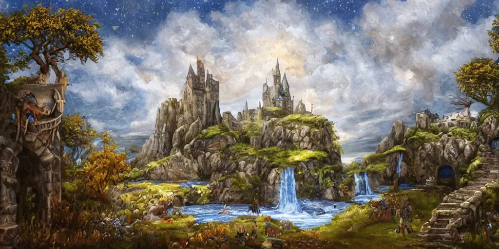 Prompt: <https://s.mj.run/S3Pu0N> oil painting, medieval fantasy, background of an isle with ancient castle ruin overrun with blue chaos magic, apple trees, apples, waterfalls, ponds, statues of heroes, golden::0.3 cloudy sky with many shimmering stars, goddesses in white::0.7 flowing silk dress, moody lighting, by brian froud and wayne barlowe and beeple::0.2, cg society, DSLR, trending on Artstation Unreal Engine VRay, octane 8k, phantasmagoric, hyperrealism, fresnel effect, very very detailed