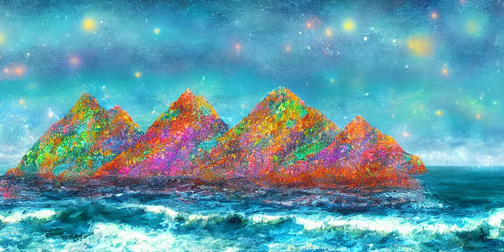 Image similar to glittering multicolored crystal cliffs, viewed from the ocean, high quality digital art,