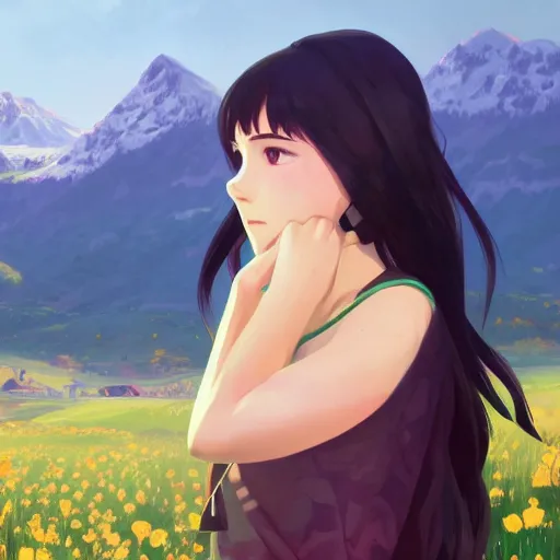 Image similar to portrait of teen girl with long black hair and bangs, detailed facial features, beautiful face, flower fields and mountains in the background, digital painting, artstation, highly detailed, by makoto shinkai and thomas kindle and James gilleard