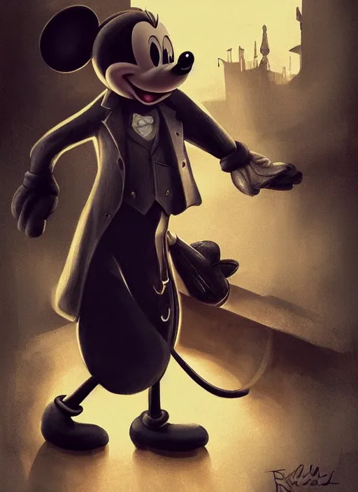 Image similar to mickey mouse wearing a peaky blinders outfit, elegant, digital painting, concept art, smooth, sharp focus, illustration, from peaky blinders by ruan jia and mandy jurgens and artgerm and william - adolphe bouguerea