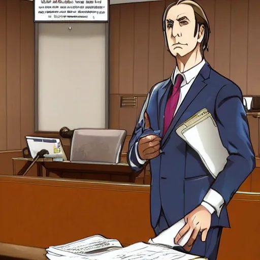 Prompt: Saul Goodman in ace Attorney as Phoenix Wrig, in a courtroom, anime
