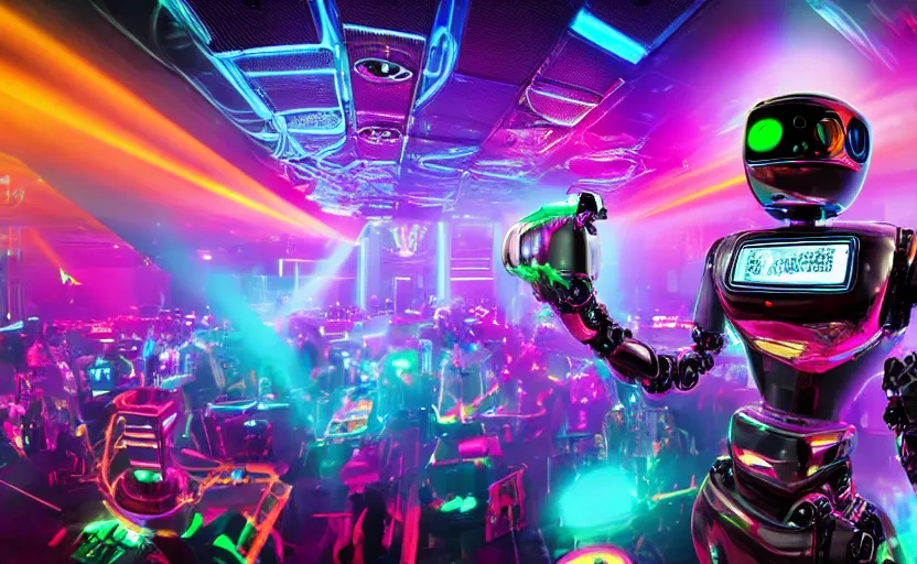 Image similar to robodad dad's cybercore disco rave, highly detailed, extremely high quality, hd, 4 k, 8 k, professional photographer, 4 0 mp, lifelike, top - rated, award winning, cinematic, realistic, detailed lighting, detailed shadows, sharp, no blur, edited, corrected, trending