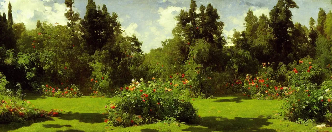 Image similar to illustrated background of a garden by eugene von guerard, ivan shishkin, winslow homer, john singer sargent, 4 k