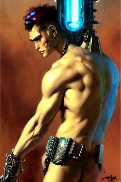 Image similar to cyberpunk, attractive male, character design, painting by gaston bussiere, katsuya terada, frank frazetta, tom of finland, trending on artstation