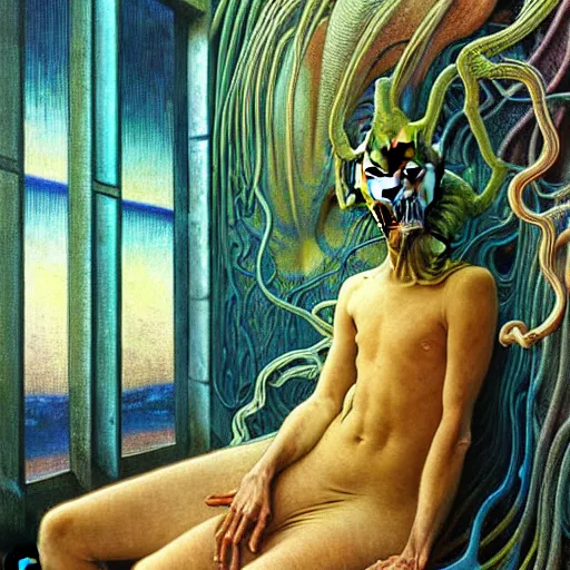 Image similar to realistic extremely detailed portrait painting of a bizarre creature sitting in the corner of an abandoned house, futuristic sci-fi landscape on background by Jean Delville, Amano, Yves Tanguy, Alphonse Mucha, Ernst Haeckel, Edward Robert Hughes, Roger Dean, rich moody colours, blue eyes