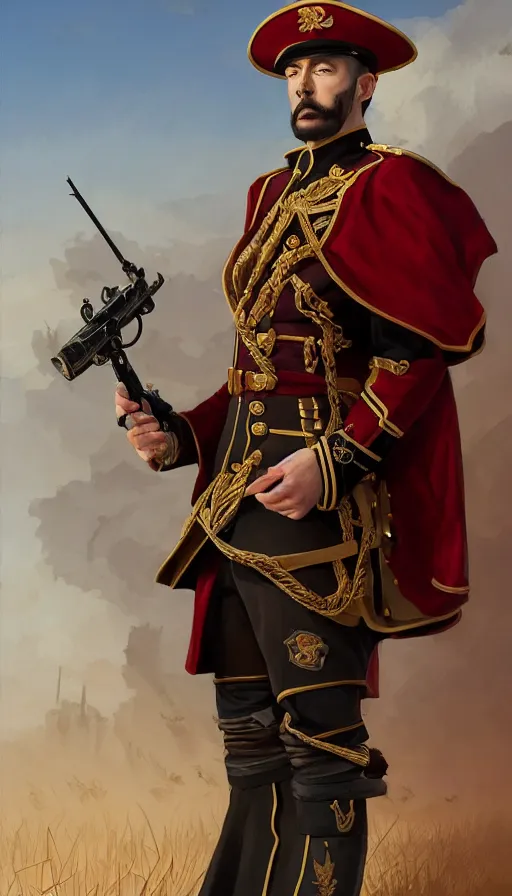 Prompt: federal commander full body portrait, stern look, late xix century red and carmesi military outfit, steppe background, intricate, highly detailed, digital painting, artstation, concept art, sharp focus, illustration, art by Artgerm, Grafit Studio, and Greg Rutkowski, Craig Mullins, Makoto Shinkai, Stanley Artgerm Lau, WLOP, Rossdraws, James Jean, Andrei Riabovitchev, Marc Simonetti, krenz cushart, Sakimichan, D&D trending on ArtStation, digital art - W 700