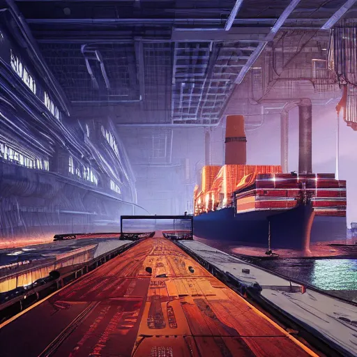 Image similar to photo of Immense industrial futuristic cargo ship arrives at cyber punk city sea port, cinematic lighting, photo