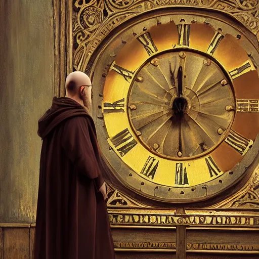 Image similar to medieval monk maintaining an enormous, complex, mechanical clock, oil painting, warm lighting, photorealistic, trending on artstation